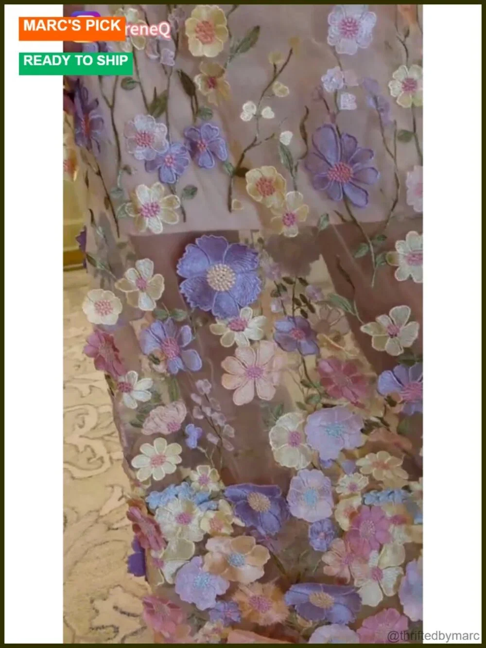 3D Floral Embroidery Maxi Dress, Elegant Tulle Gown, 95% Polyester 5% Elastane